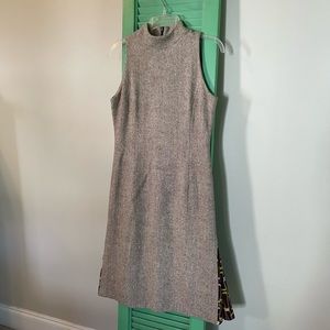 70s Vintage! Light brown wool dress with colorful pop of fabric